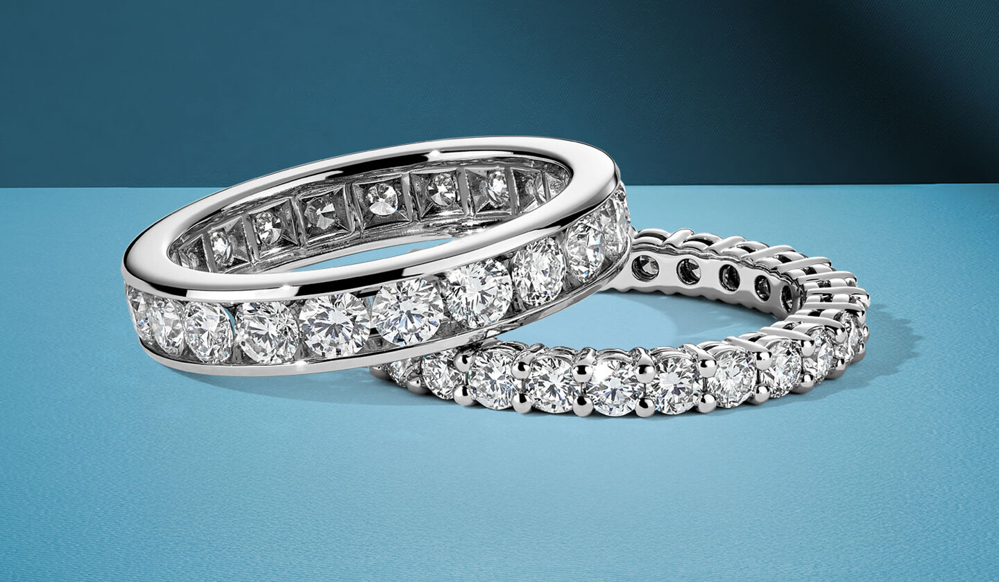 Birks eterenity wedding bands in blue background.